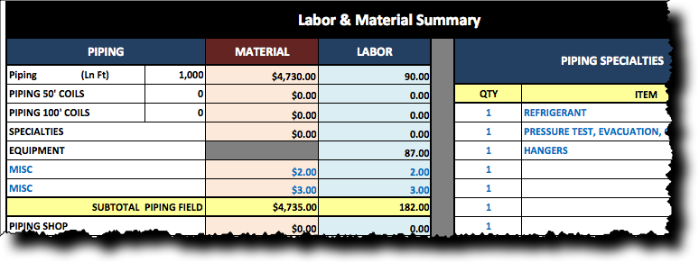 VRF Piping Material and Labor Estimating Spreadsheet